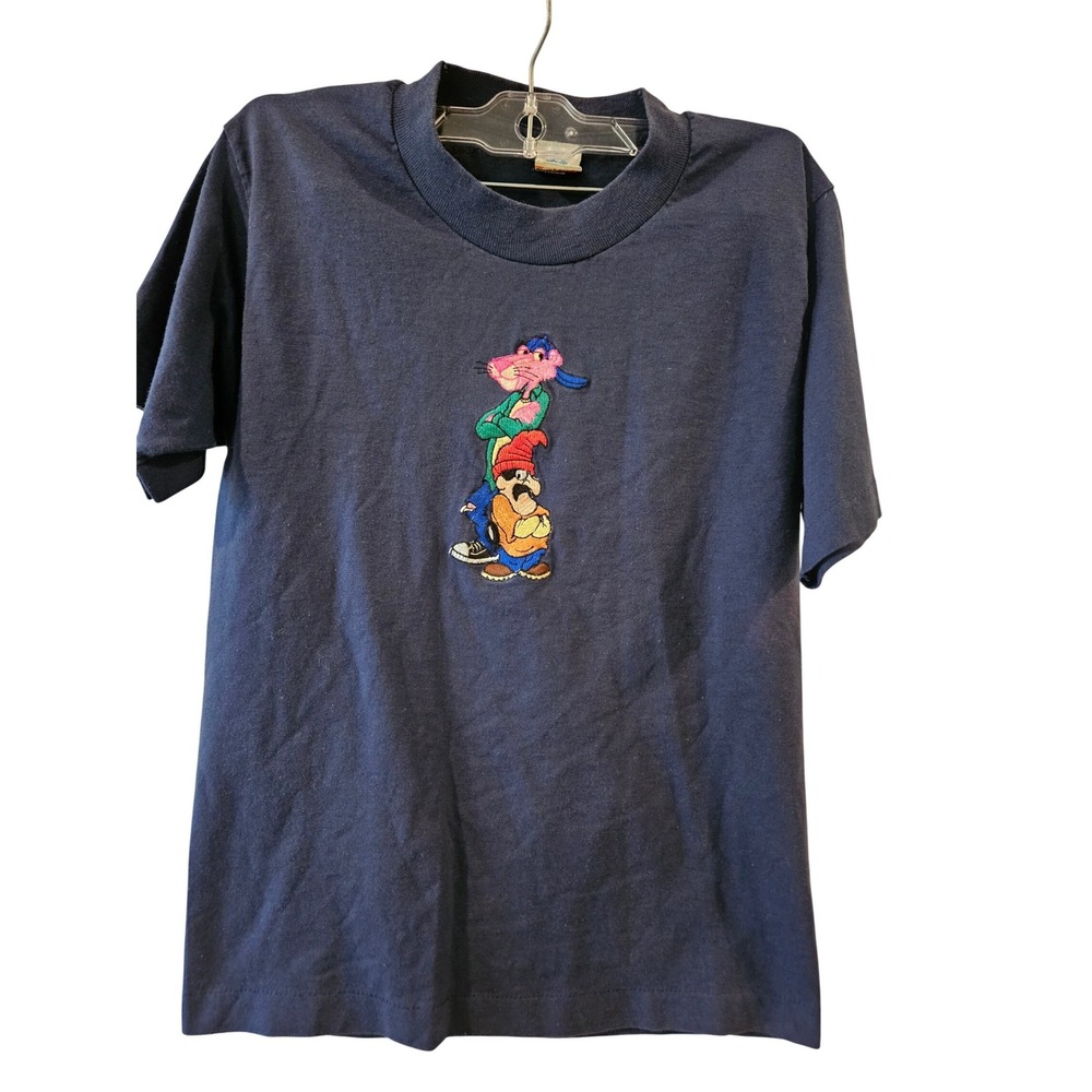 Vintage 90's‎ Pink Panther Cartoon Navy Embroidered T-Shirt Kids 14-16 Rare Find